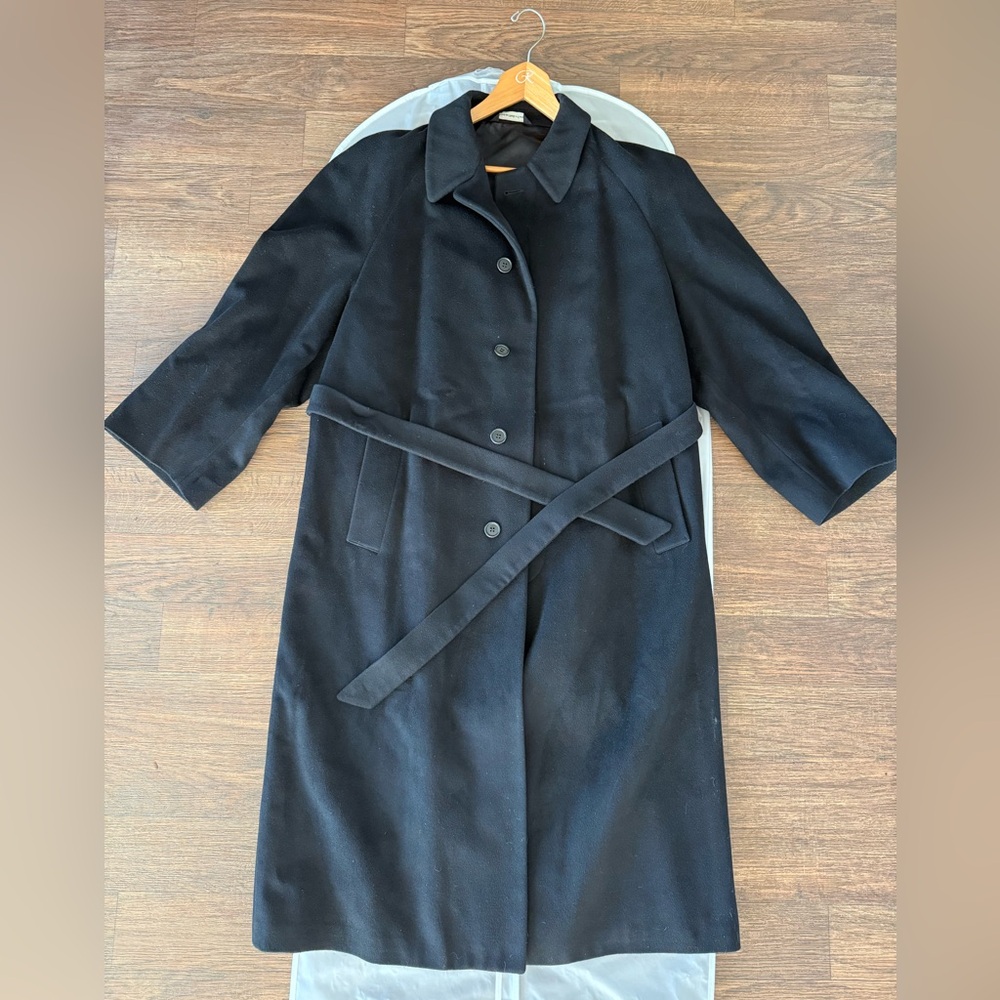 Vintage Christian St. John Black Wool Men's Belted Trenchcoat - Pre-owned